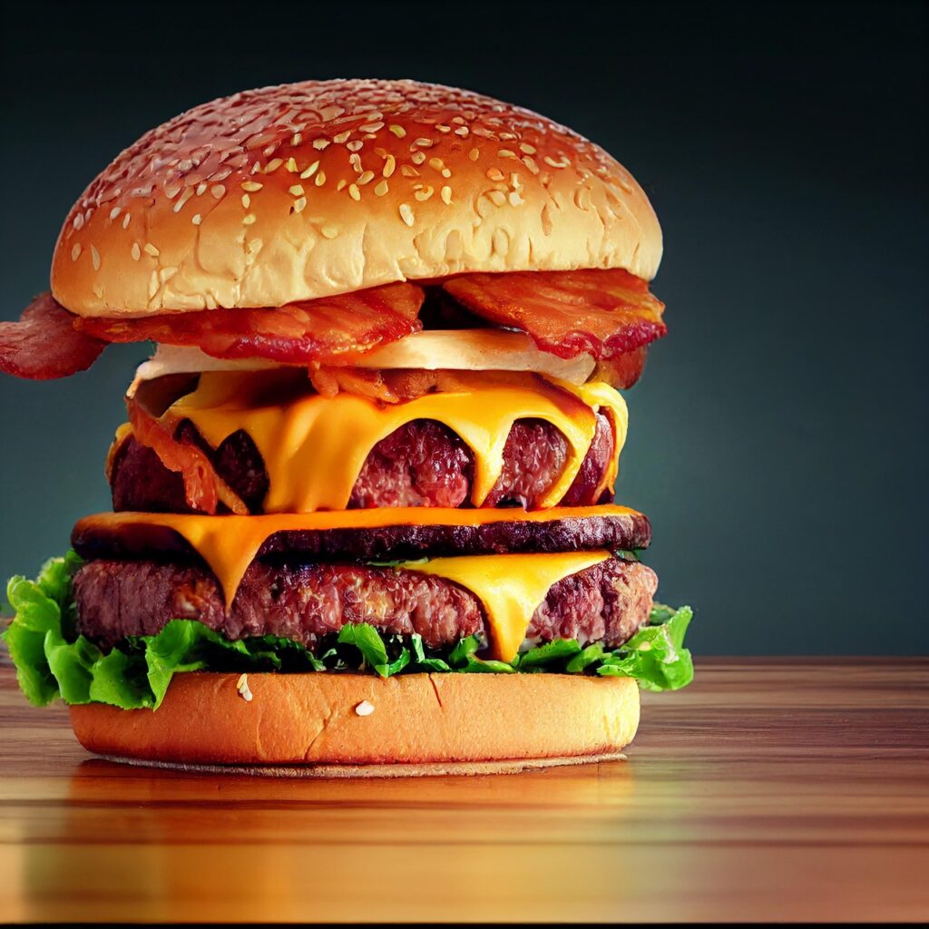 burger, hamburger, double patty burger, meat, food, restaurant, lunch, fast food, ai generated